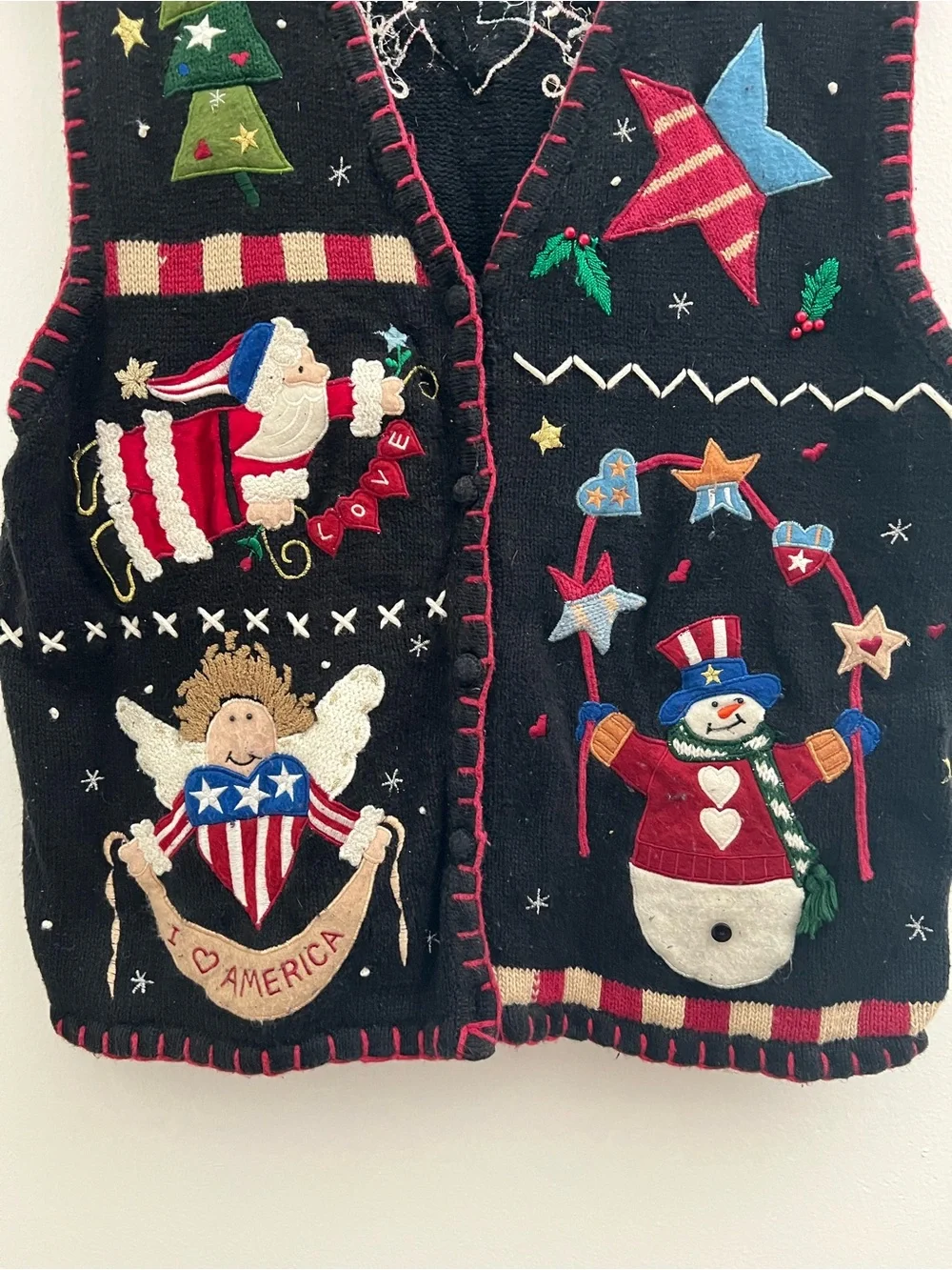 Vintage Grandma Studio Black Holiday Embroidered Vest with Festive Appliqué